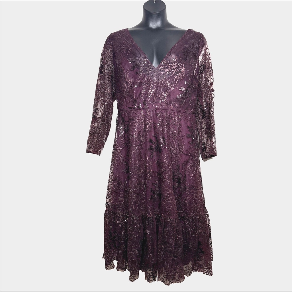 Mac Duggal Formal Dress 22 Midi Ls Lace Sequin Mother Groom Bride Wedding New